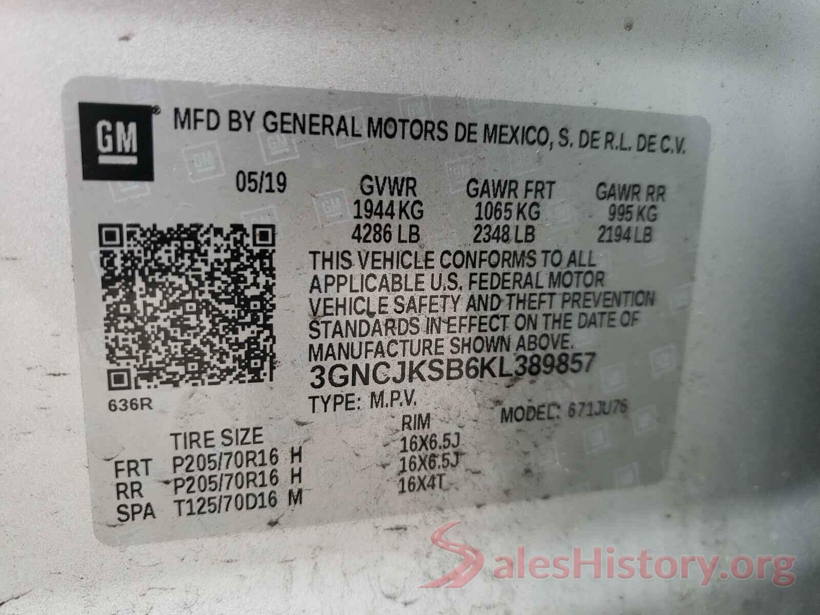 3GNCJKSB6KL389857 2019 CHEVROLET TRAX