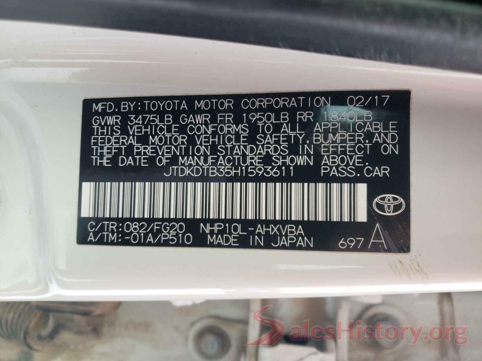 JTDKDTB35H1593611 2017 TOYOTA PRIUS