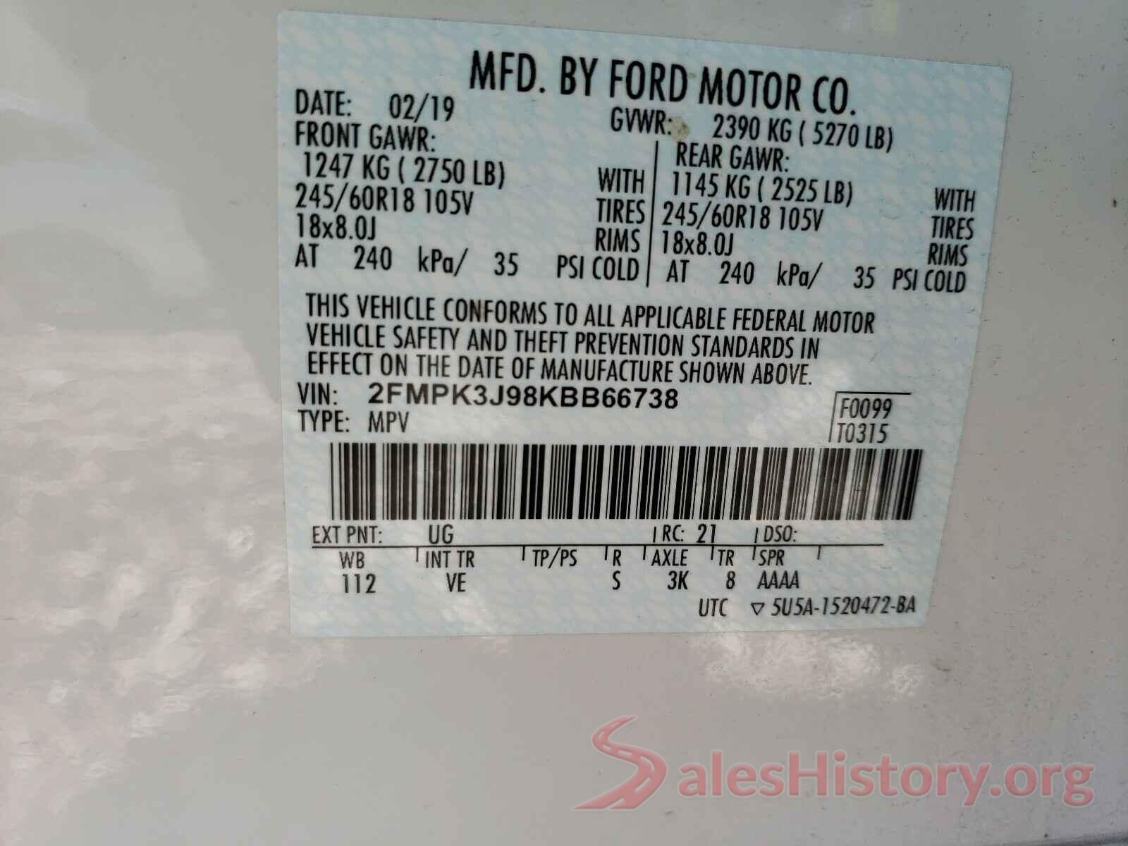 2FMPK3J98KBB66738 2019 FORD EDGE