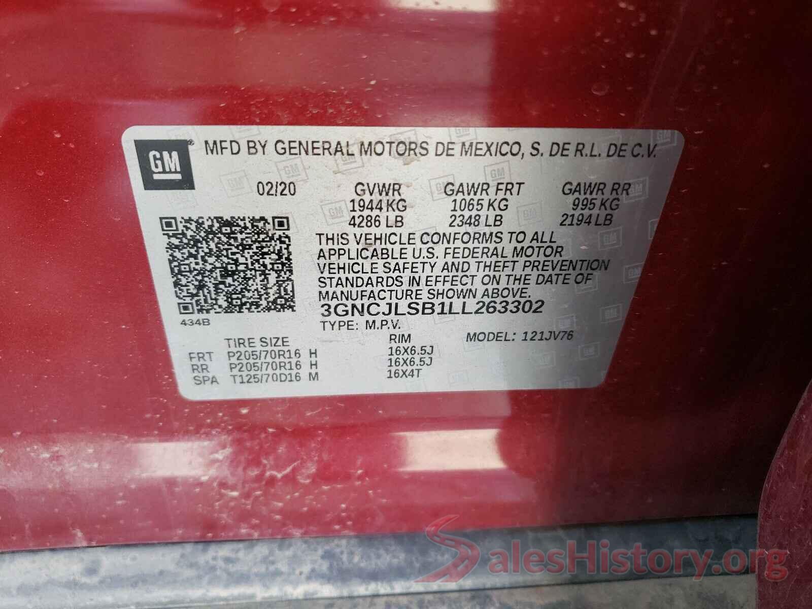 3GNCJLSB1LL263302 2020 CHEVROLET TRAX