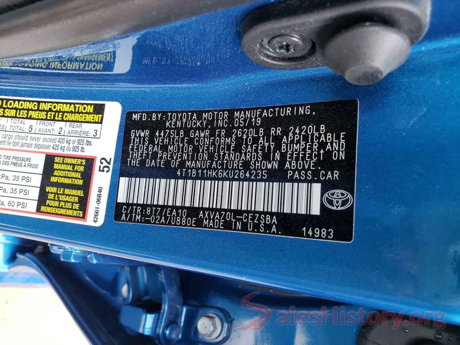 4T1B11HK6KU264235 2019 TOYOTA CAMRY