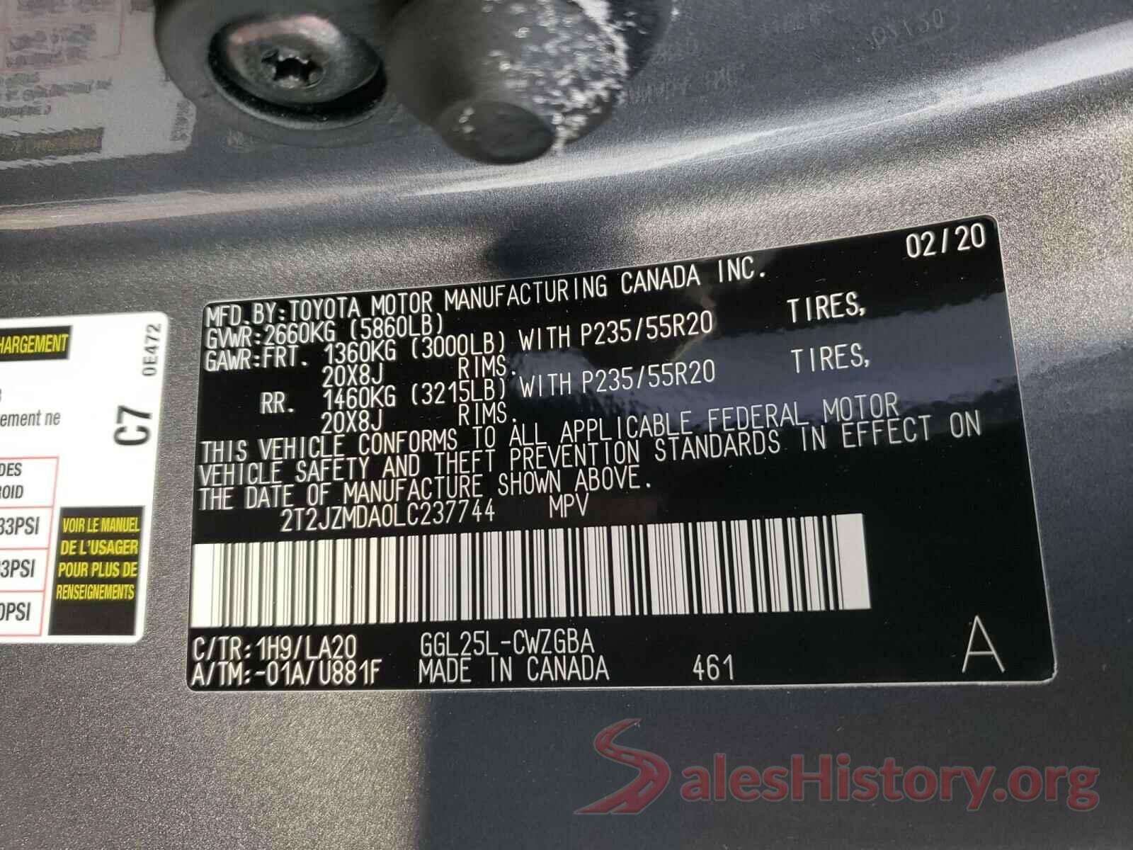 2T2JZMDA0LC237744 2020 LEXUS RX350