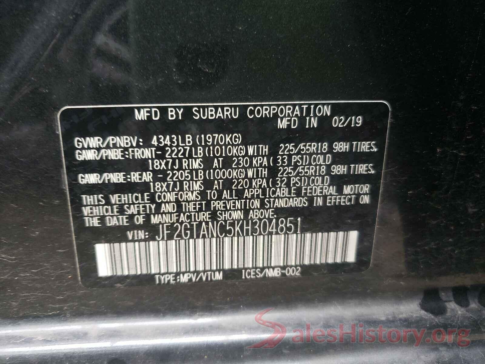 JF2GTANC5KH304851 2019 SUBARU CROSSTREK