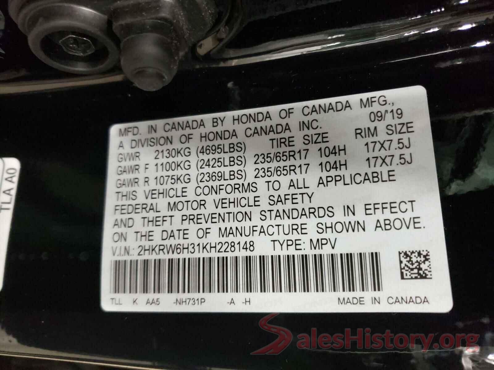 2HKRW6H31KH228148 2019 HONDA CRV