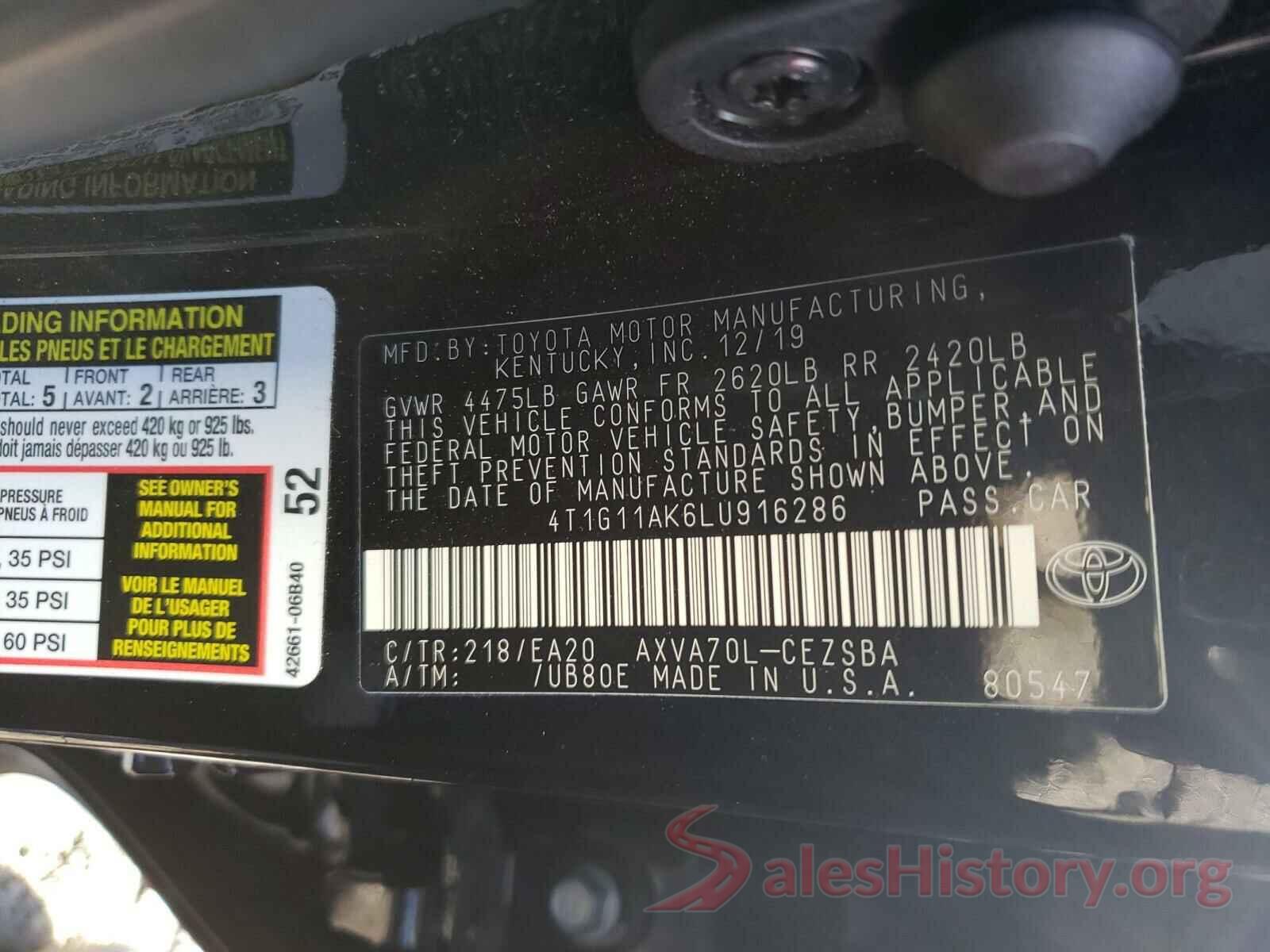 4T1G11AK6LU916286 2020 TOYOTA CAMRY