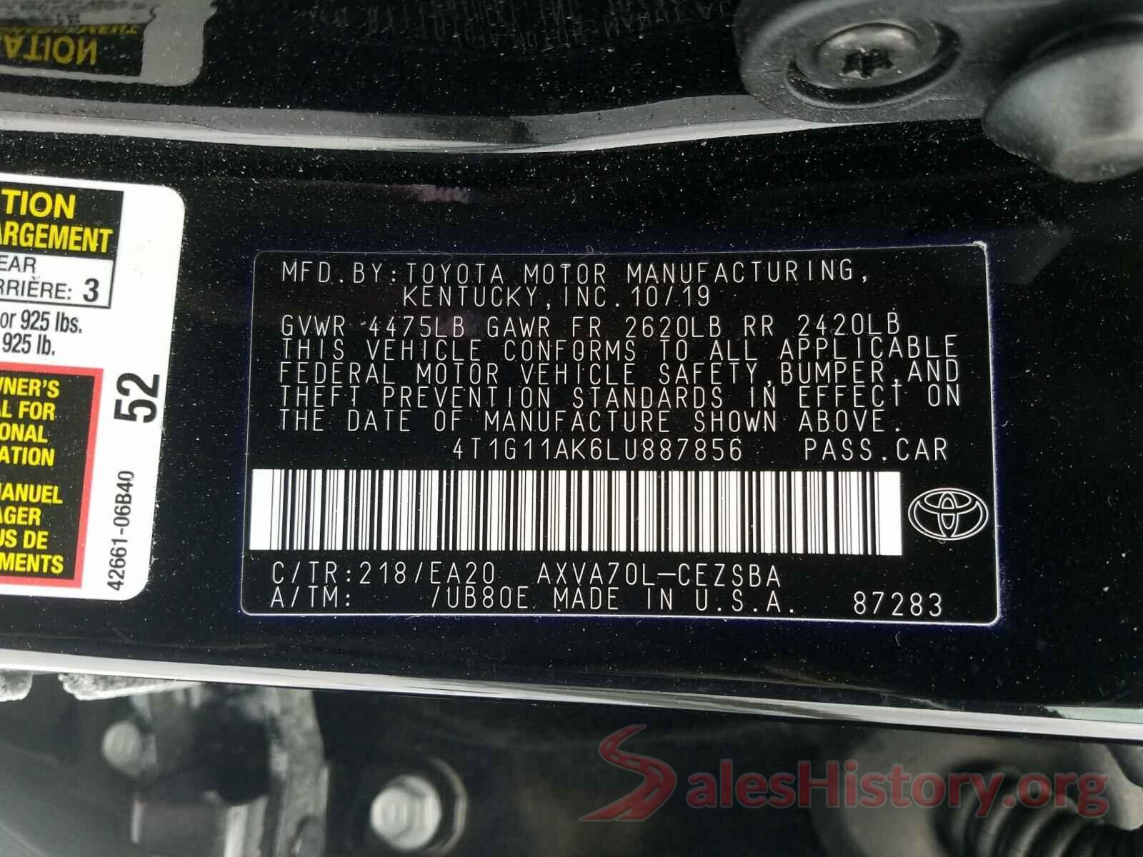 4T1G11AK6LU887856 2020 TOYOTA CAMRY