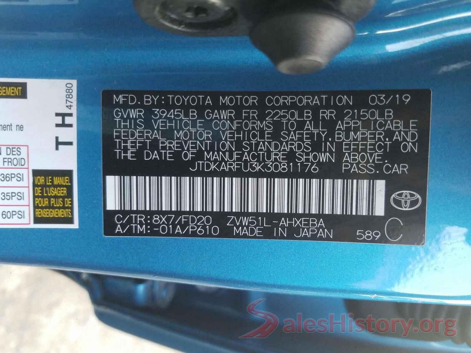 JTDKARFU3K3081176 2019 TOYOTA PRIUS