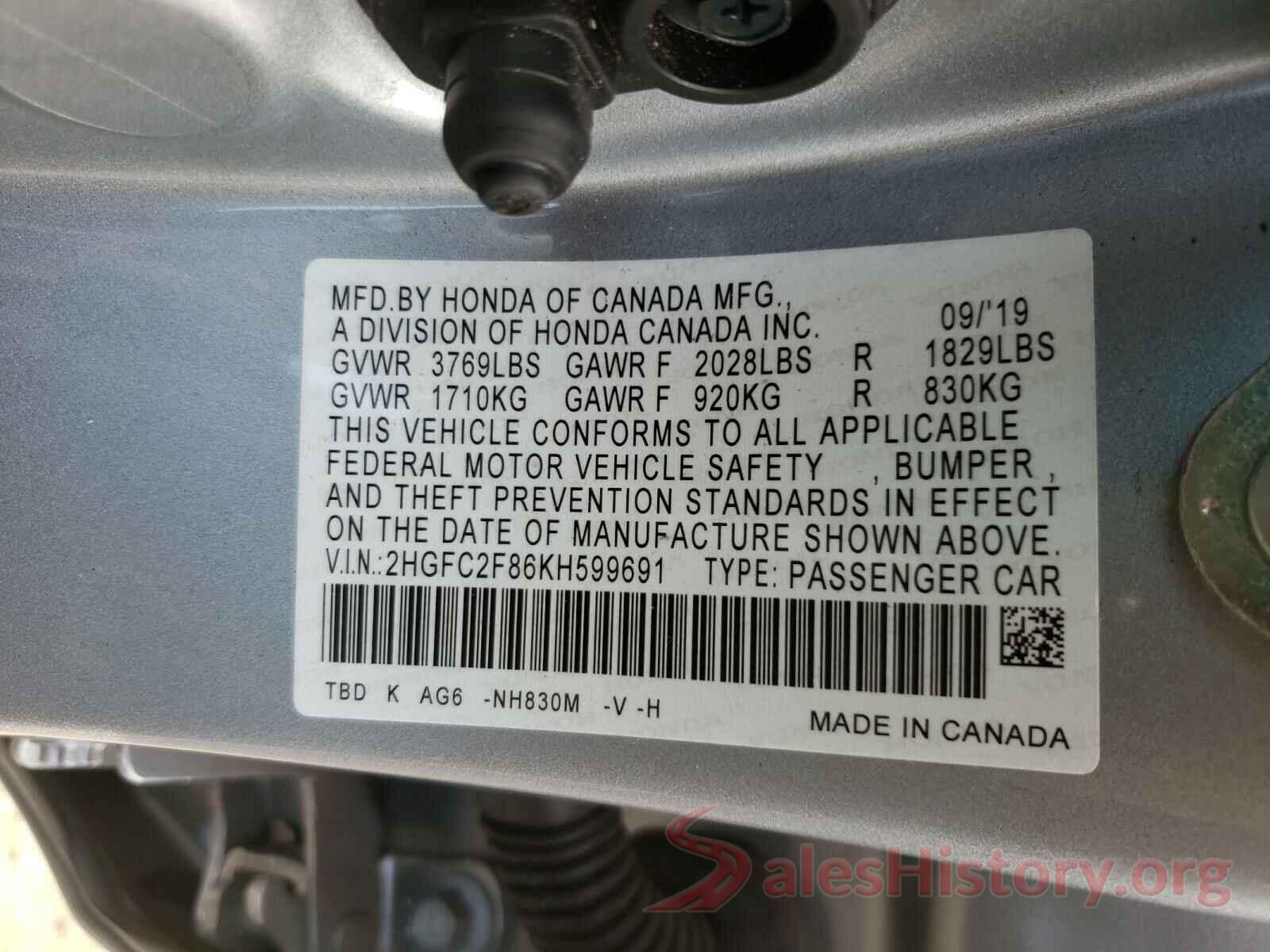 2HGFC2F86KH599691 2019 HONDA CIVIC