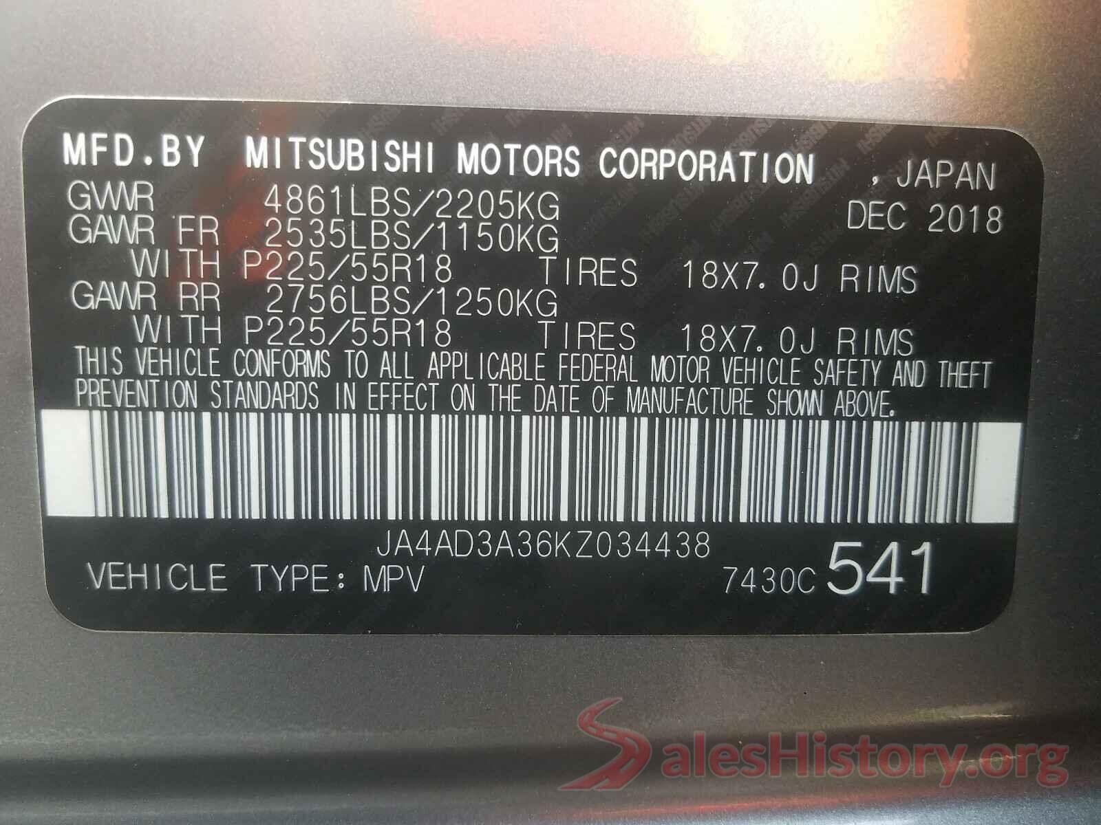 JA4AD3A36KZ034438 2019 MITSUBISHI OUTLANDER