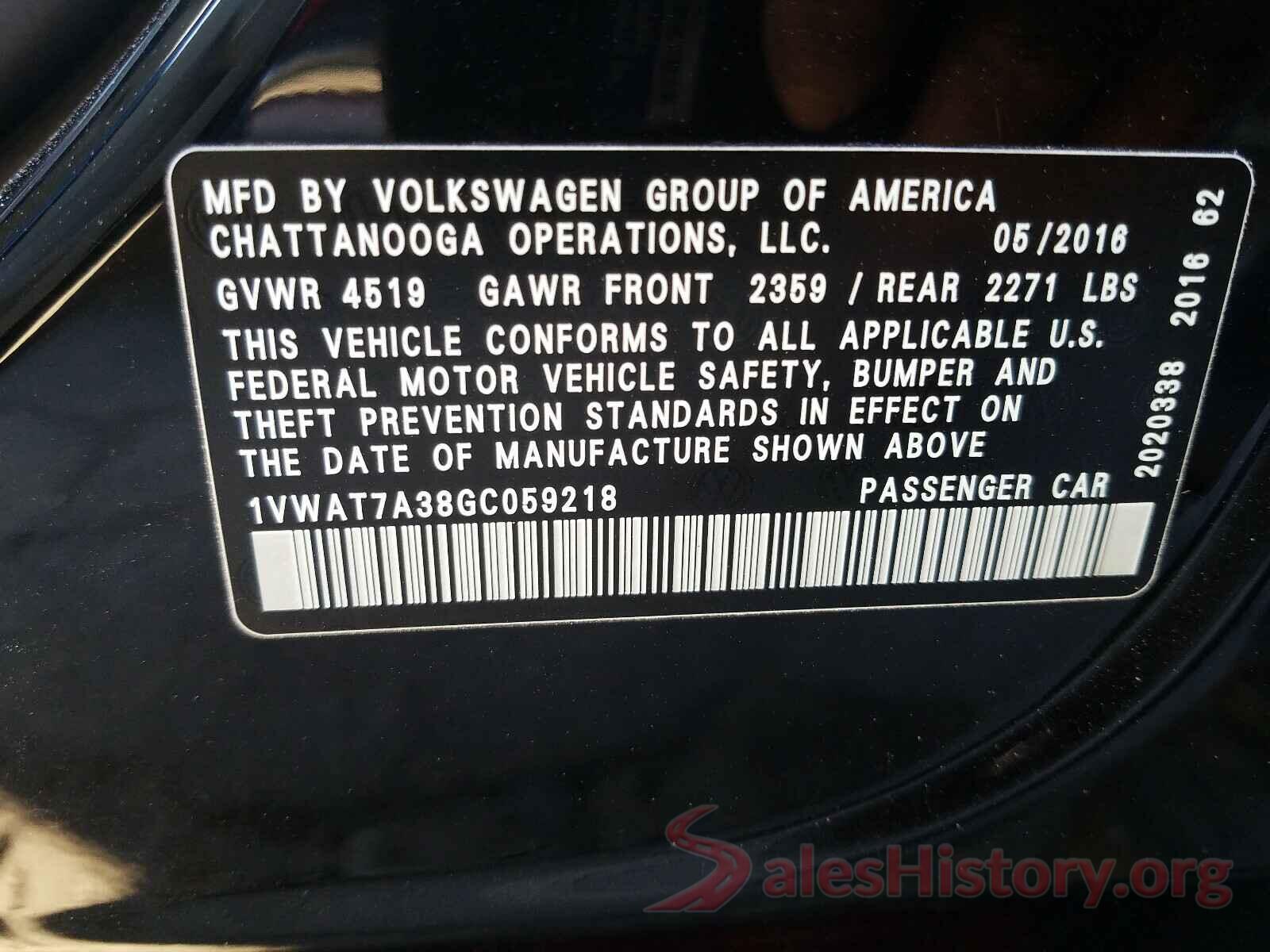 1VWAT7A38GC059218 2016 VOLKSWAGEN PASSAT