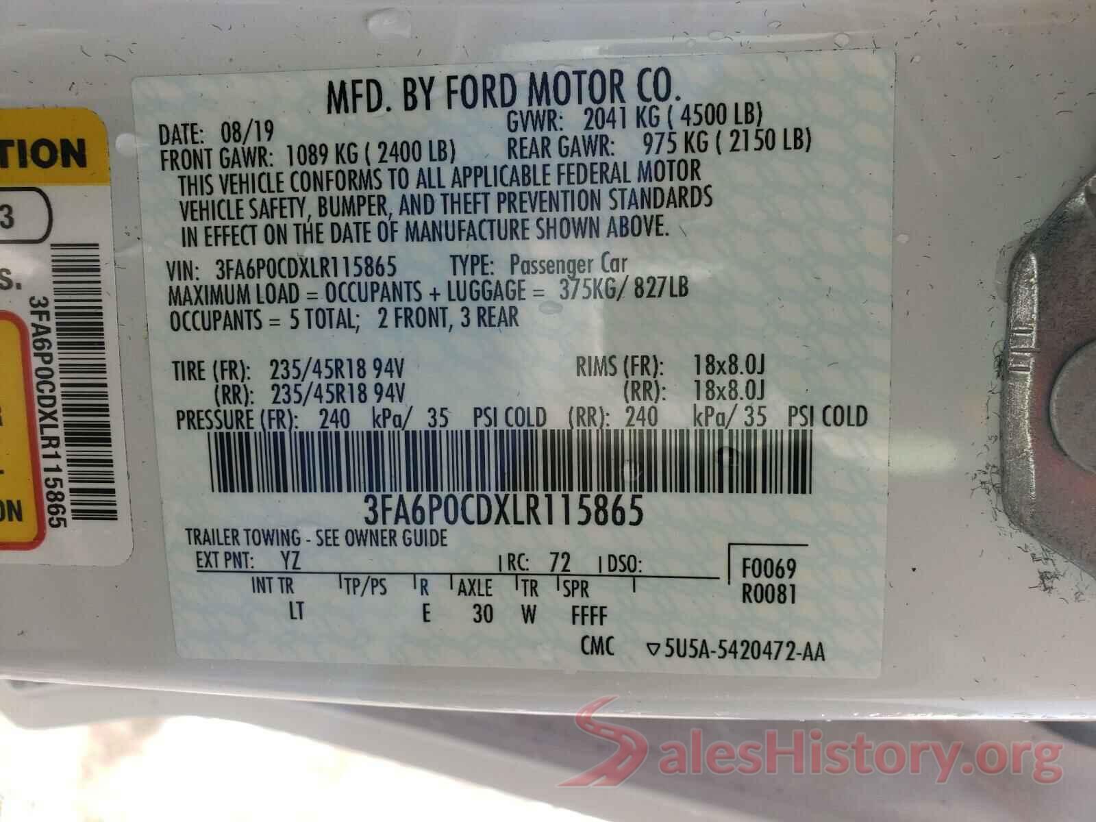 3FA6P0CDXLR115865 2020 FORD FUSION