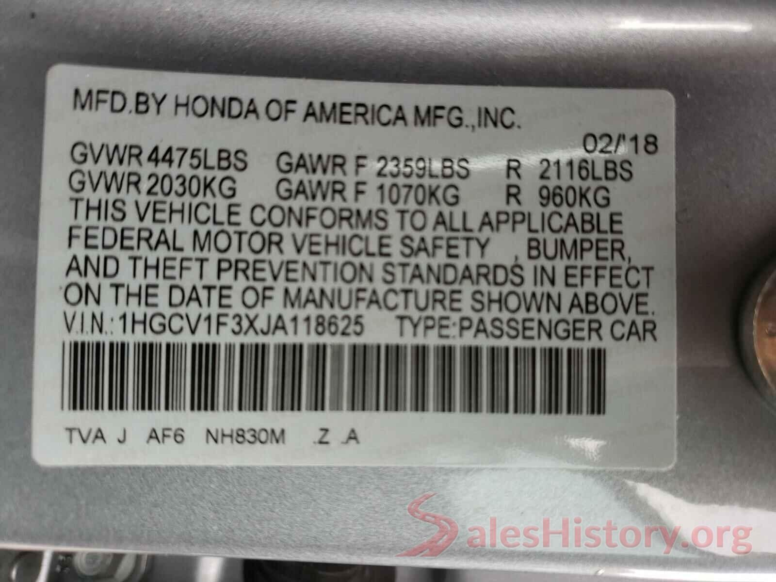 1HGCV1F3XJA118625 2018 HONDA ACCORD