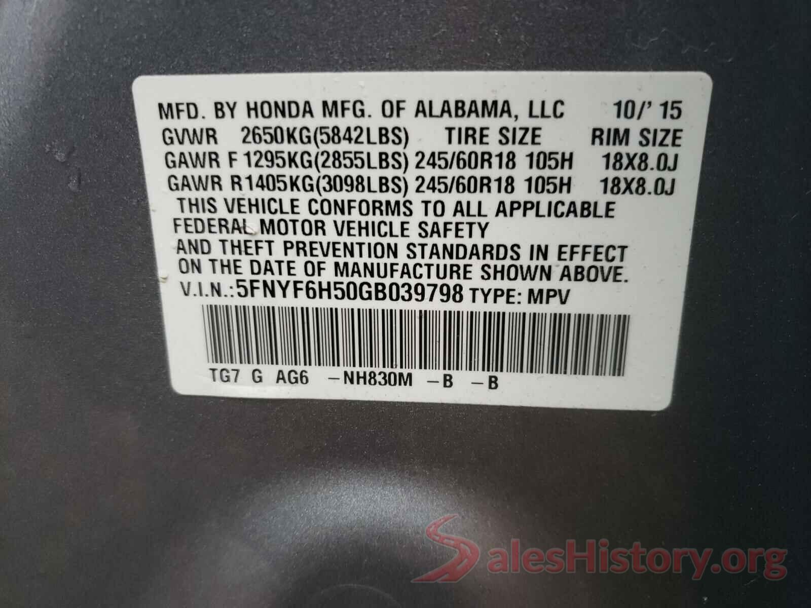 5FNYF6H50GB039798 2016 HONDA PILOT