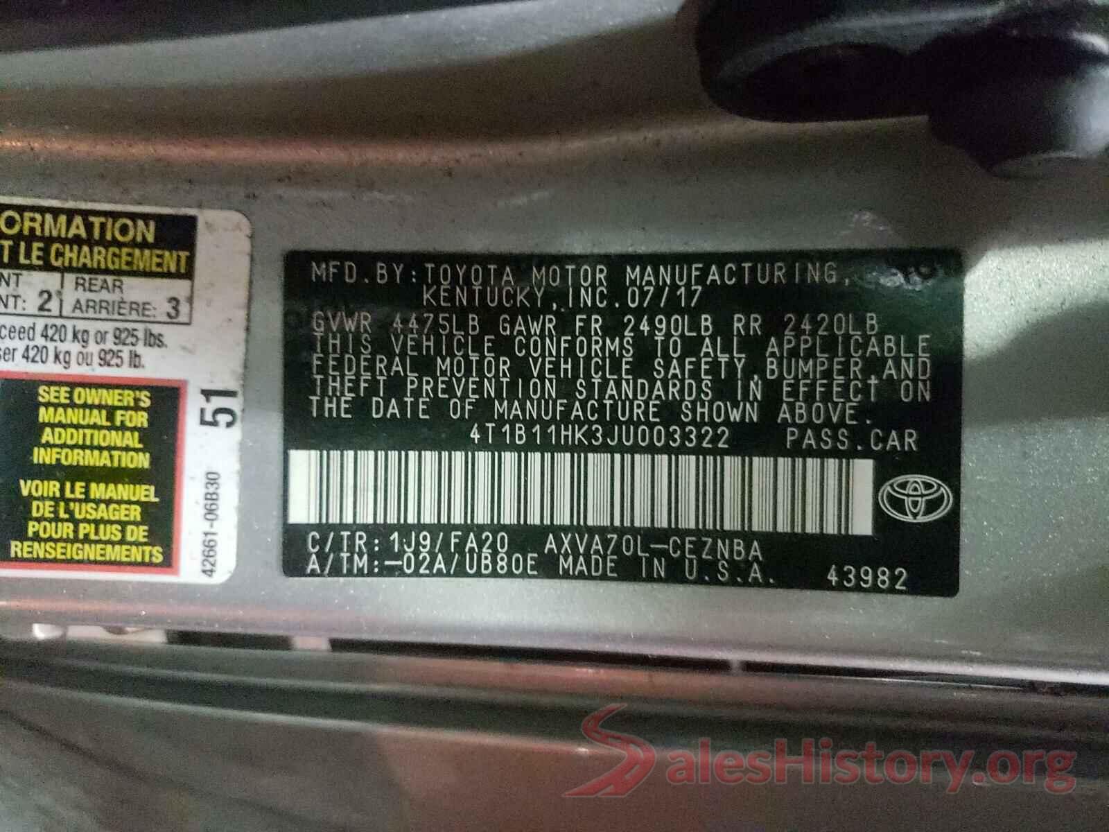 4T1B11HK3JU003322 2018 TOYOTA CAMRY