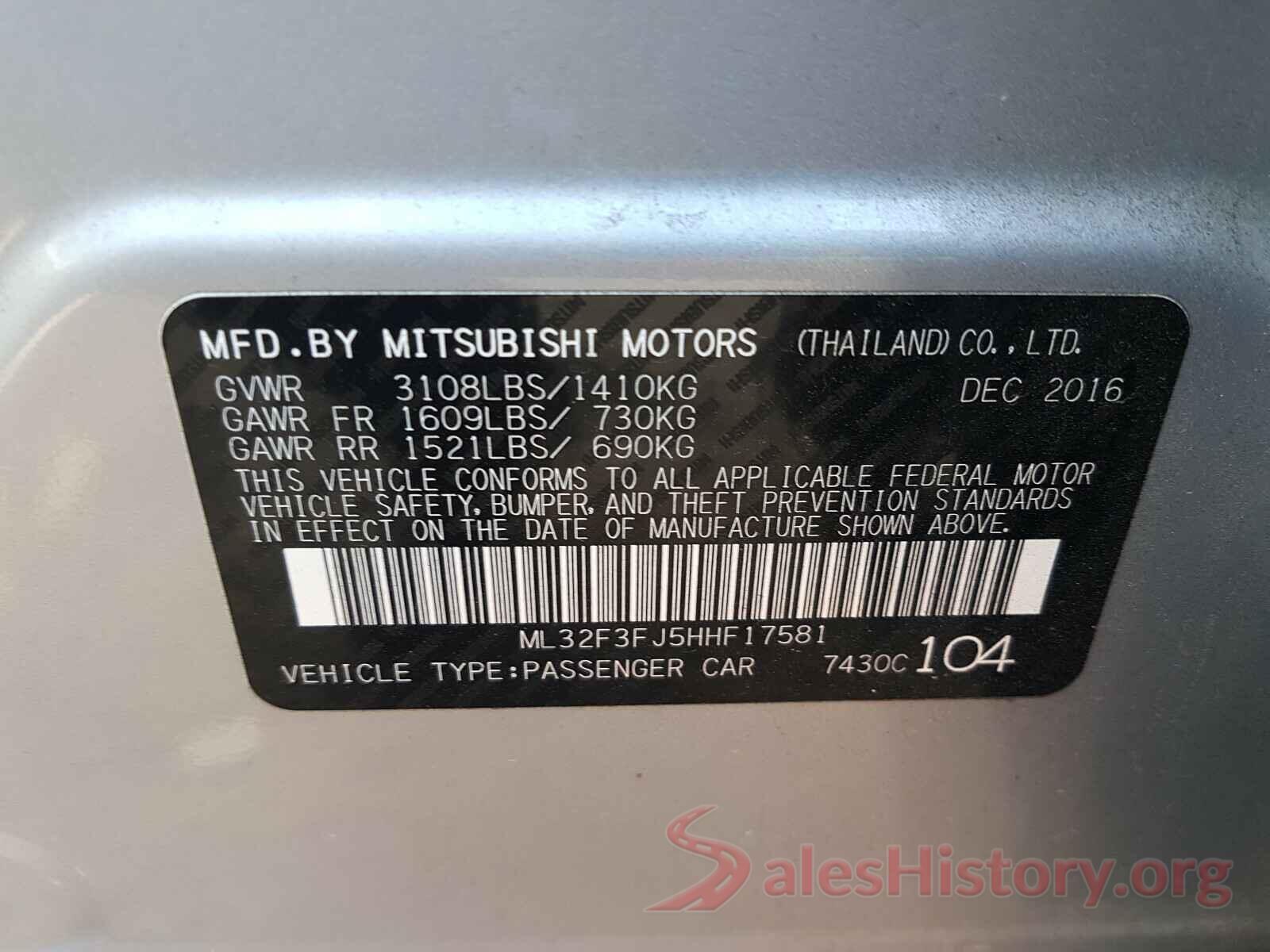 ML32F3FJ5HHF17581 2017 MITSUBISHI MIRAGE