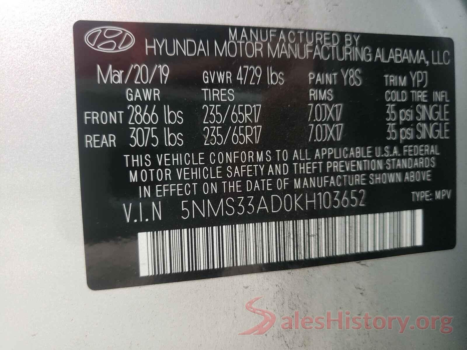 5NMS33AD0KH103652 2019 HYUNDAI SANTA FE