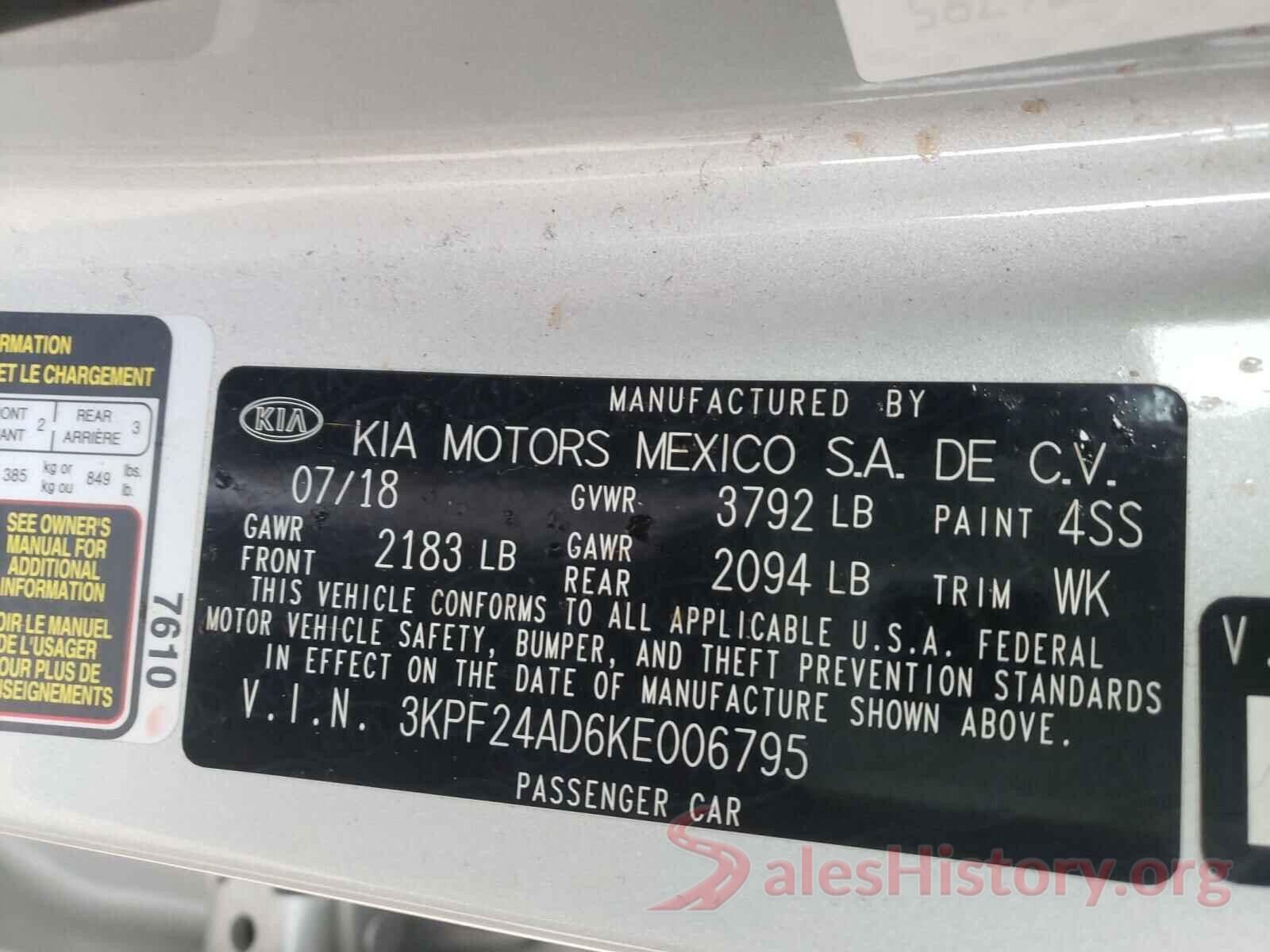 3KPF24AD6KE006795 2019 KIA FORTE