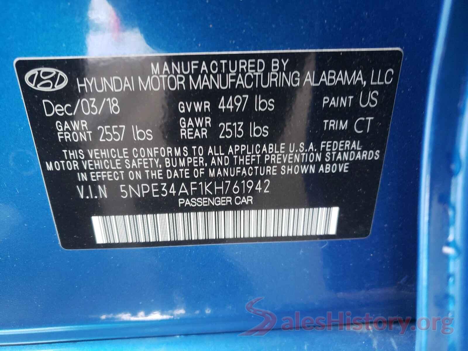 5NPE34AF1KH761942 2019 HYUNDAI SONATA