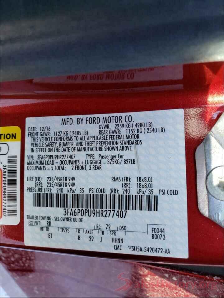 3FA6P0PU9HR277407 2017 FORD FUSION