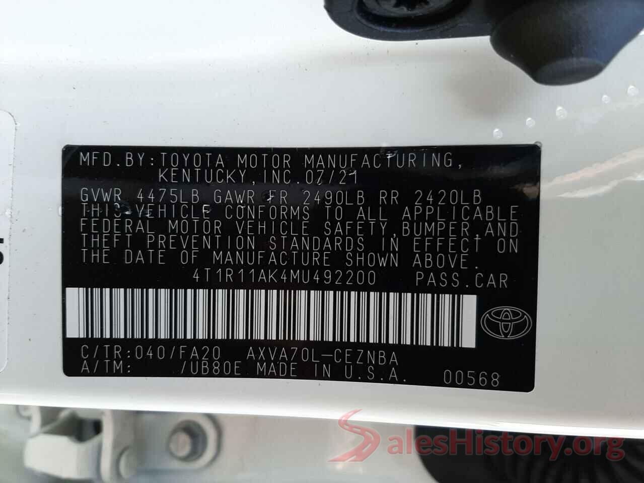 4T1R11AK4MU492200 2021 TOYOTA CAMRY