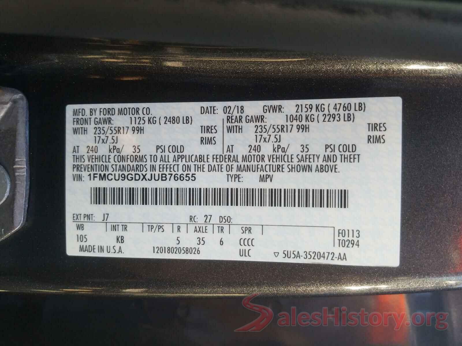 1FMCU9GDXJUB76655 2018 FORD ESCAPE