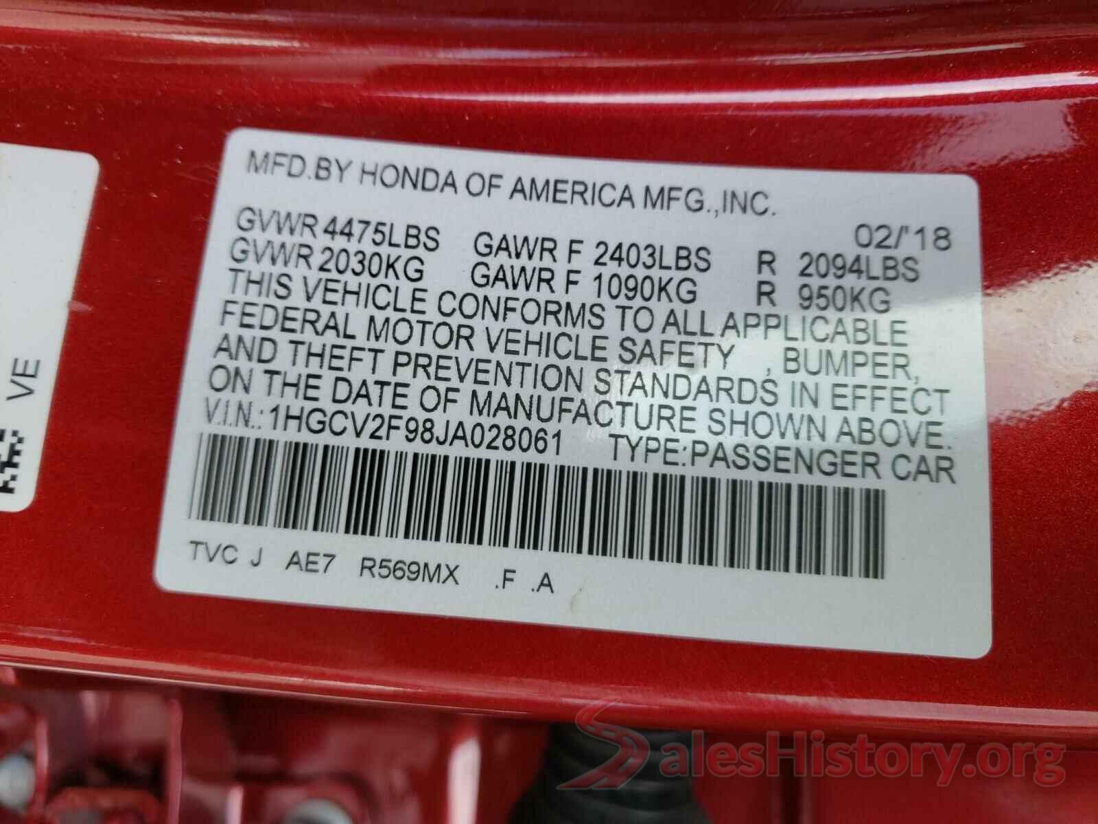 1HGCV2F98JA028061 2018 HONDA ACCORD