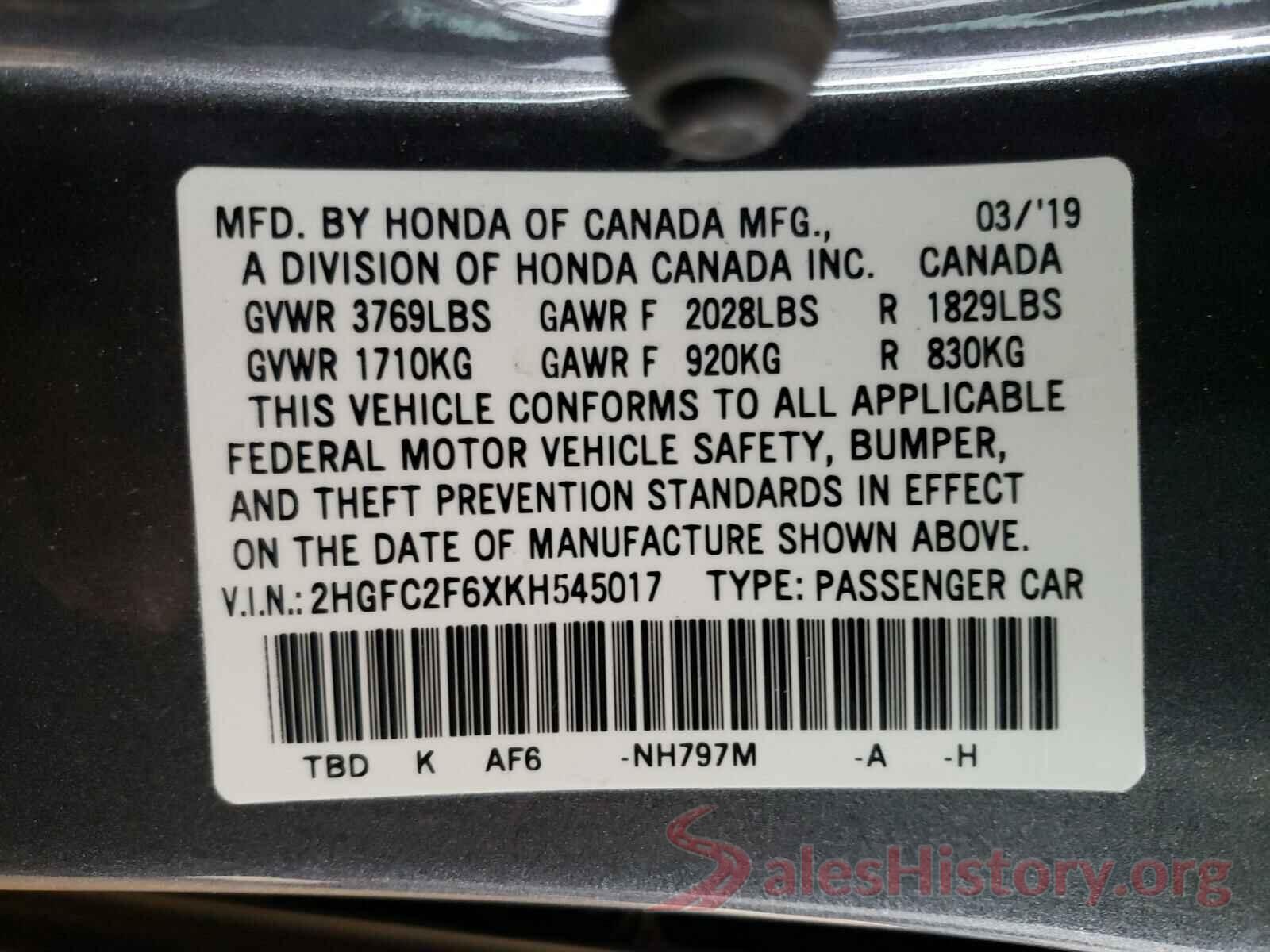 2HGFC2F6XKH545017 2019 HONDA CIVIC