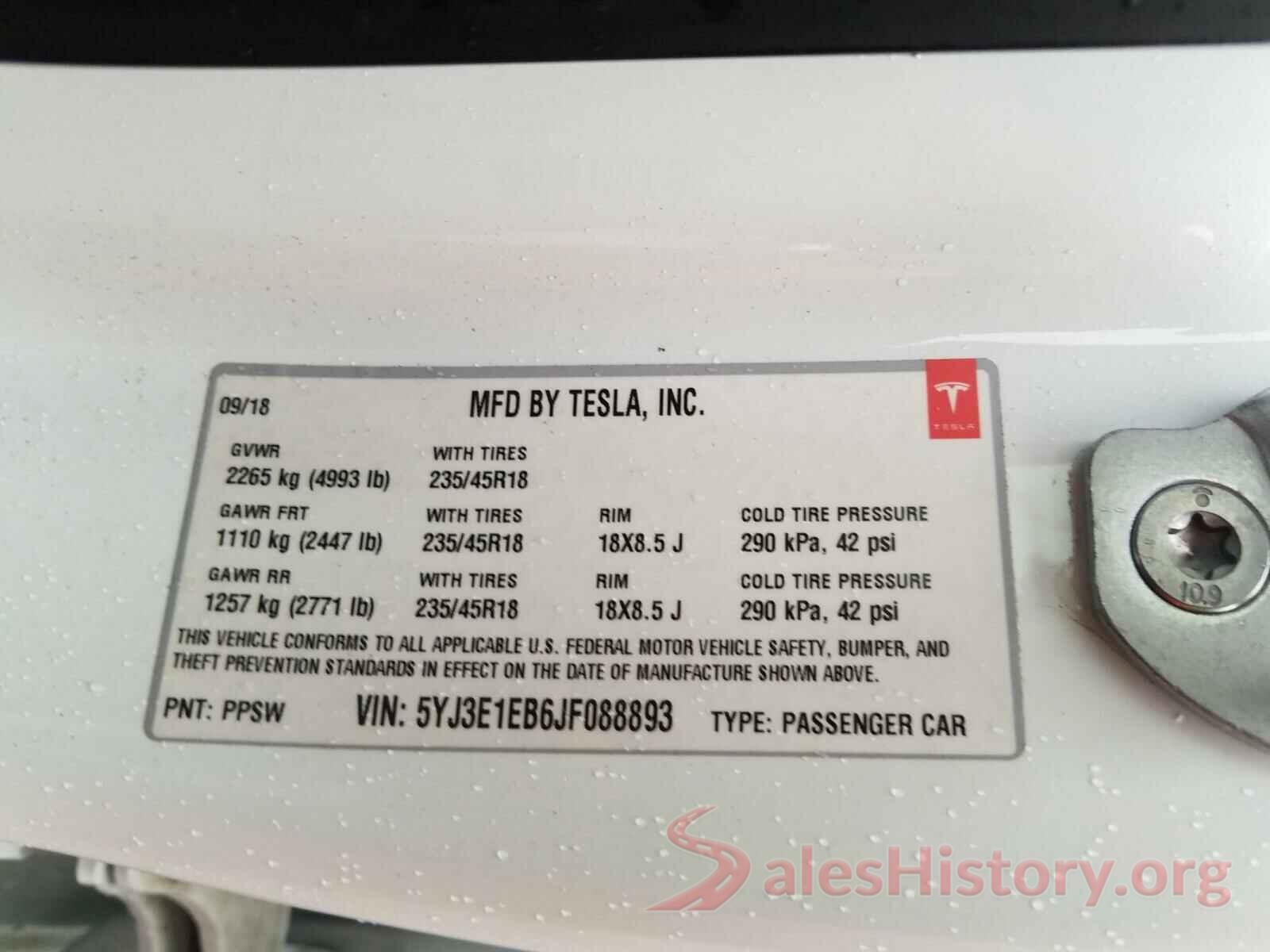 5YJ3E1EB6JF088893 2018 TESLA MODEL 3