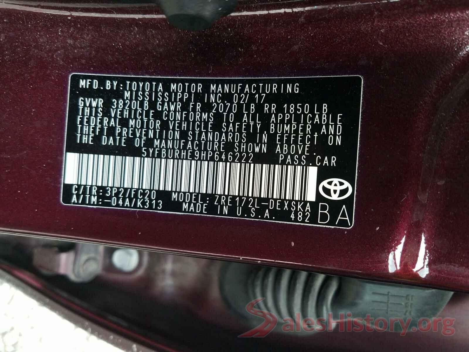 5YFBURHE9HP646222 2017 TOYOTA COROLLA