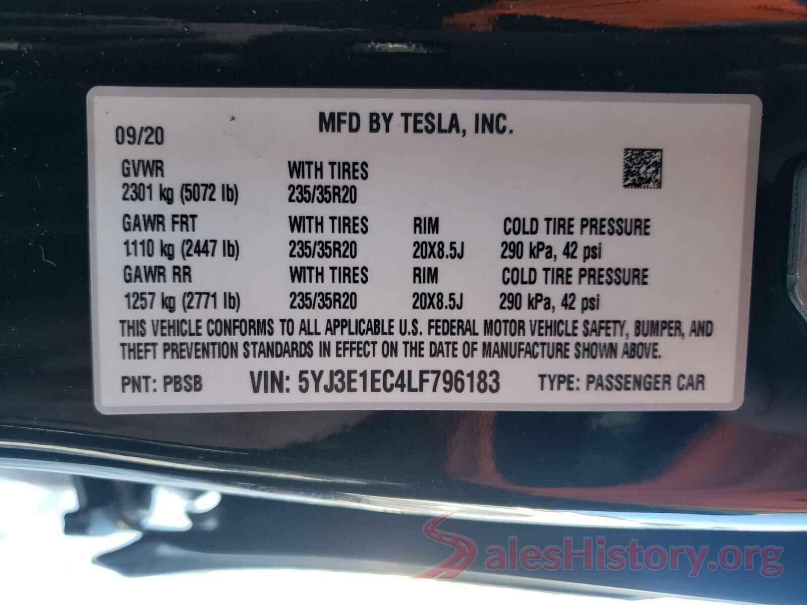 5YJ3E1EC4LF796183 2020 TESLA MODEL 3