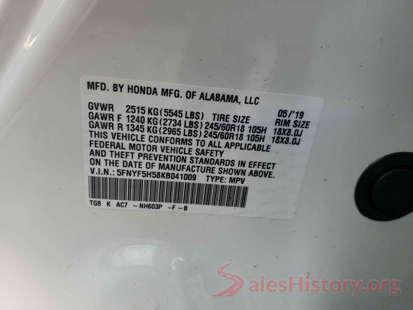 5FNYF5H58KB041009 2019 HONDA PILOT