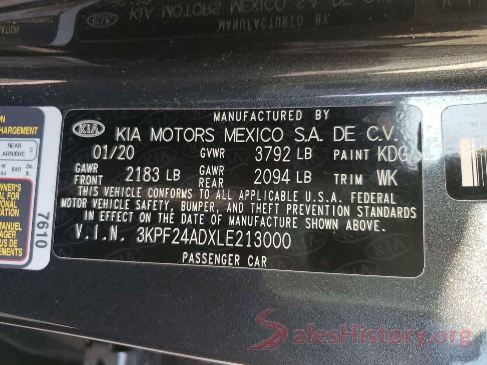 3KPF24ADXLE213000 2020 KIA FORTE