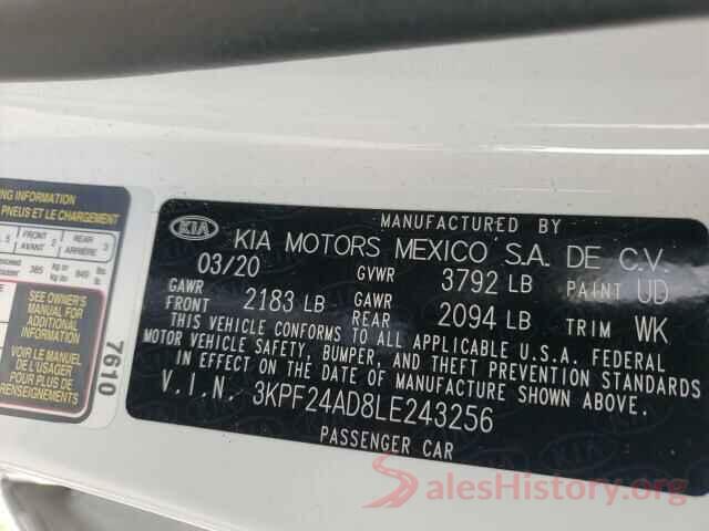 3KPF24AD8LE243256 2020 KIA FORTE