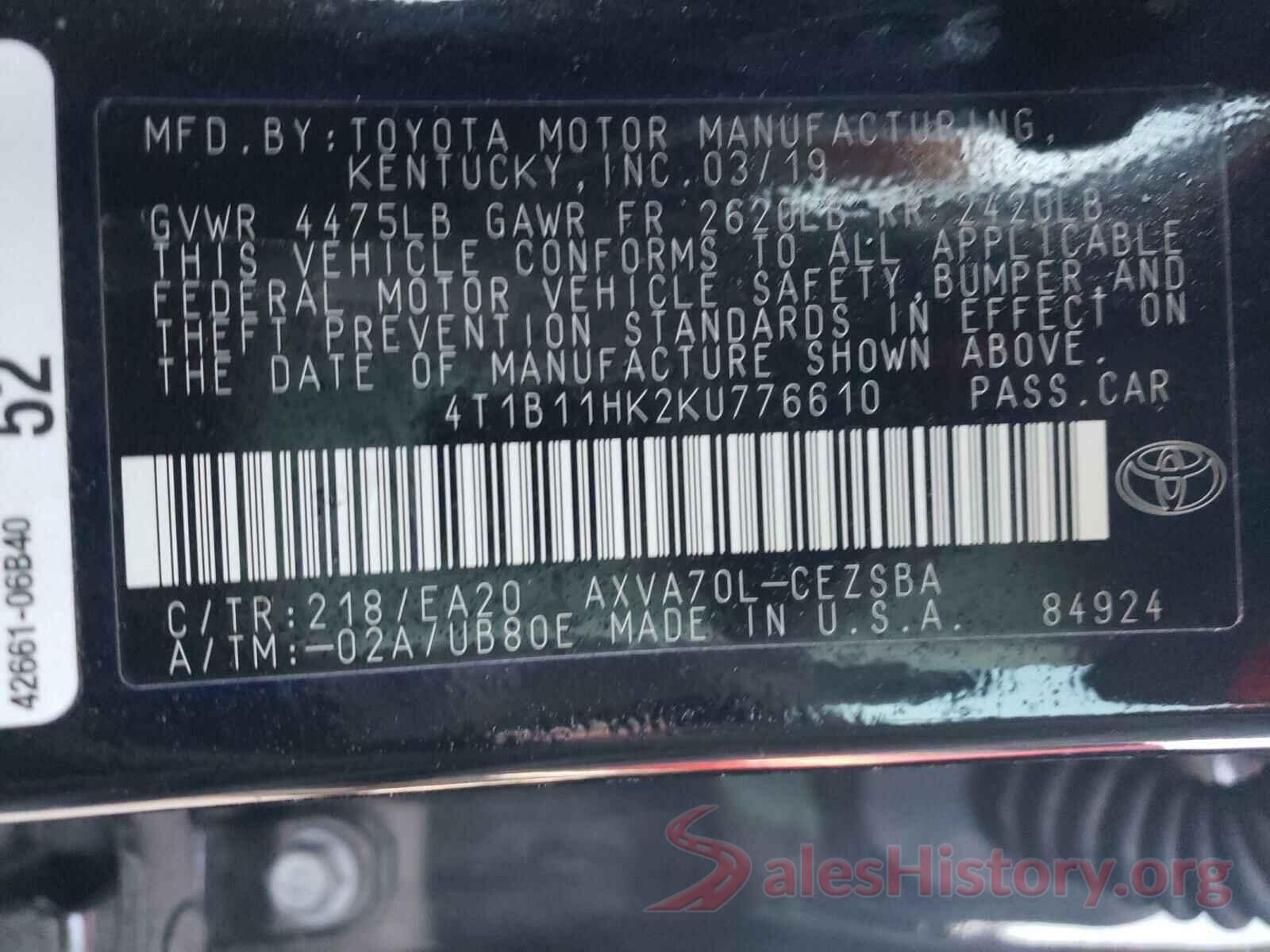 4T1B11HK2KU776610 2019 TOYOTA CAMRY