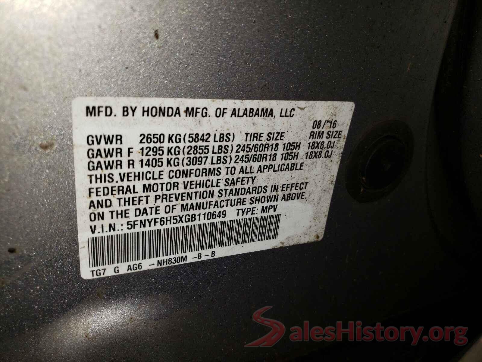 5FNYF6H5XGB110649 2016 HONDA PILOT