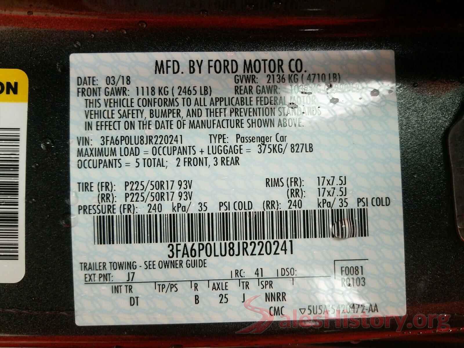 3FA6P0LU8JR220241 2018 FORD FUSION