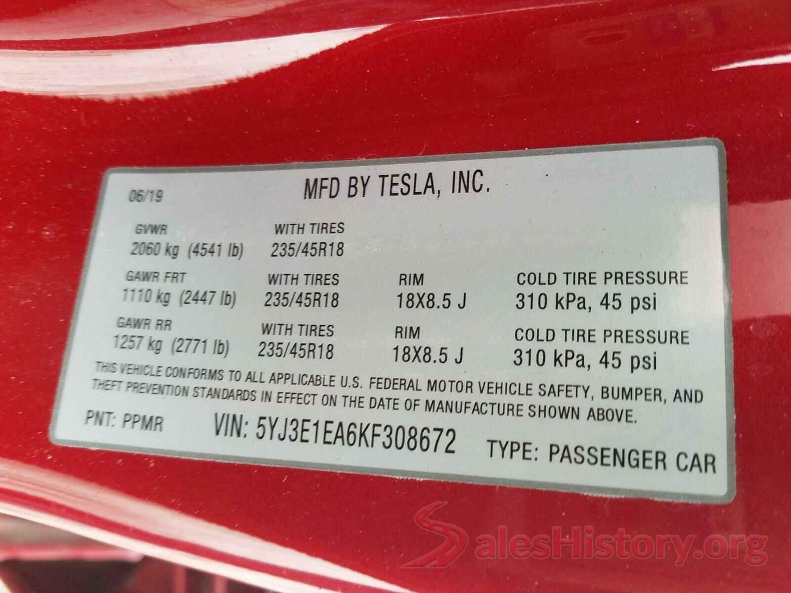 5YJ3E1EA6KF308672 2019 TESLA MODEL 3