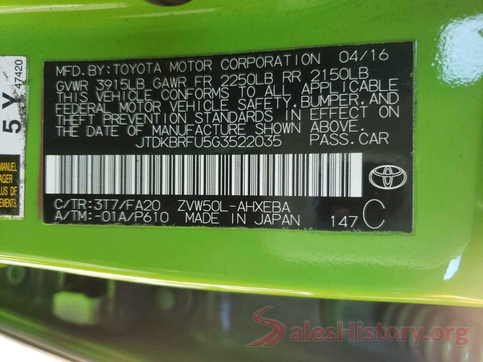 JTDKBRFU5G3522035 2016 TOYOTA PRIUS