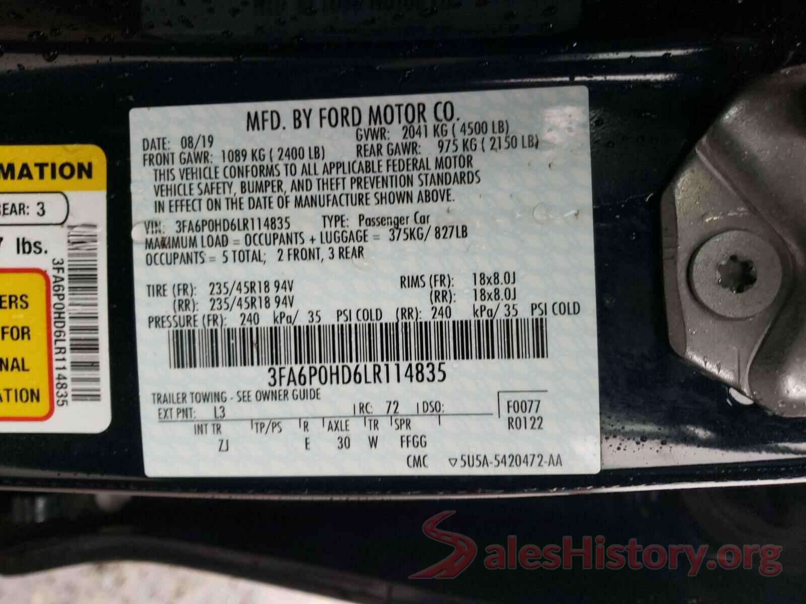 3FA6P0HD6LR114835 2020 FORD FUSION