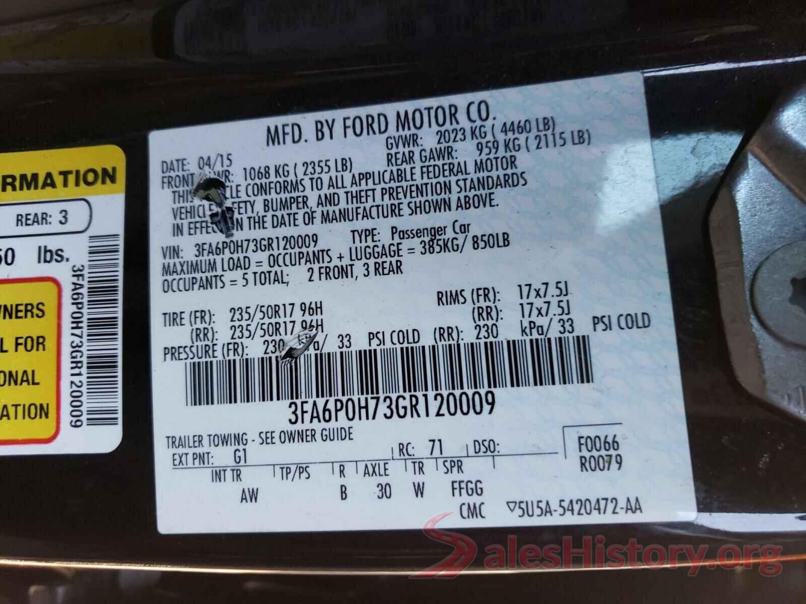 3FA6P0H73GR120009 2016 FORD FUSION