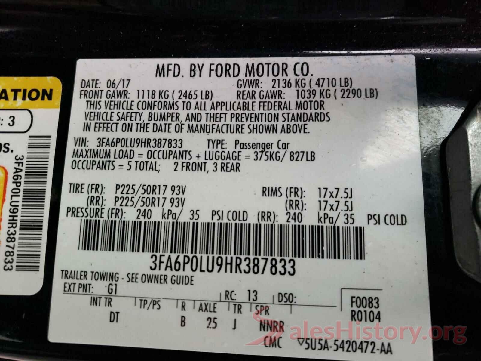 3FA6P0LU9HR387833 2017 FORD FUSION