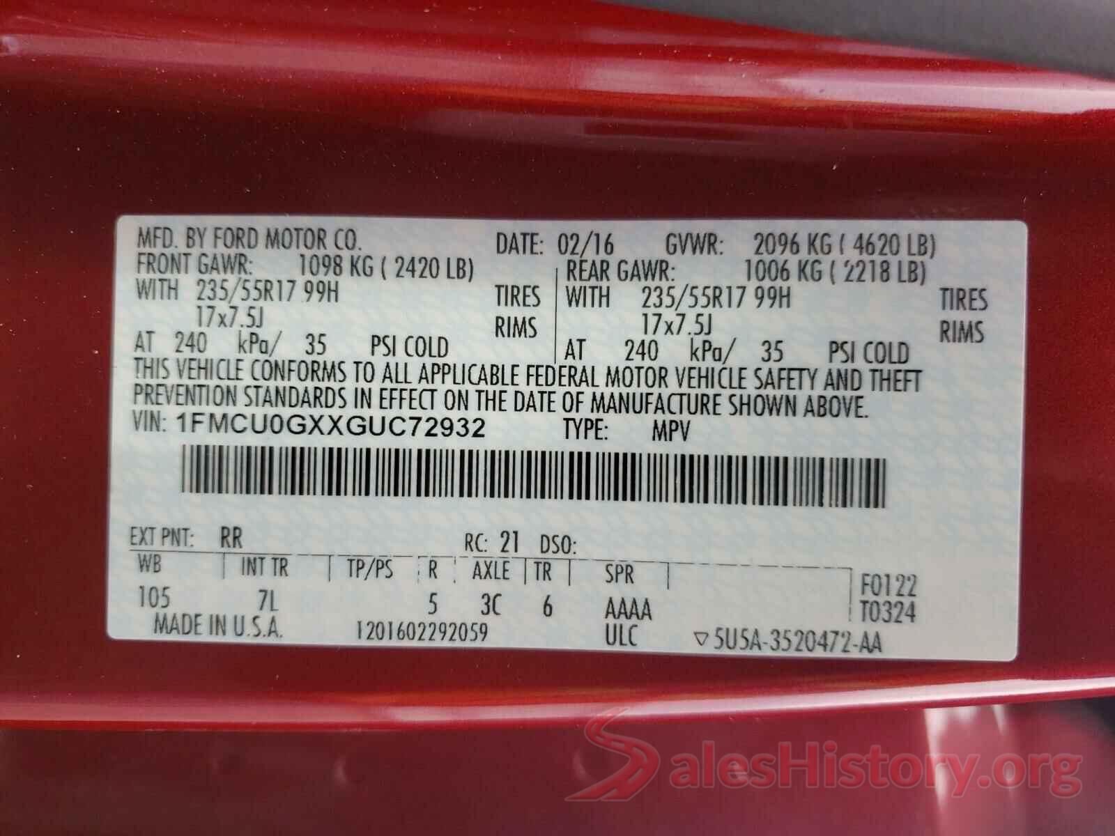 1FMCU0GXXGUC72932 2016 FORD ESCAPE