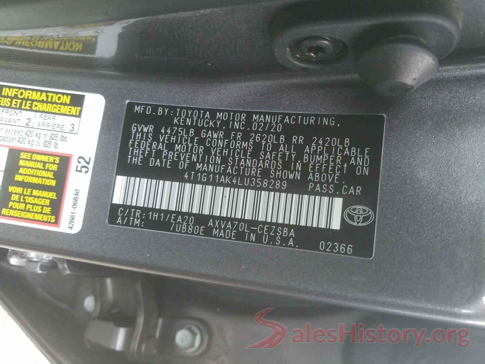 4T1G11AK4LU358289 2020 TOYOTA CAMRY