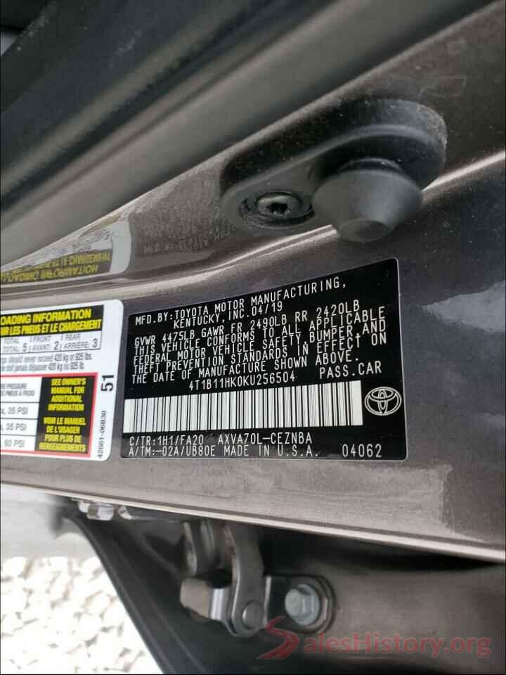 4T1B11HK0KU256504 2019 TOYOTA CAMRY