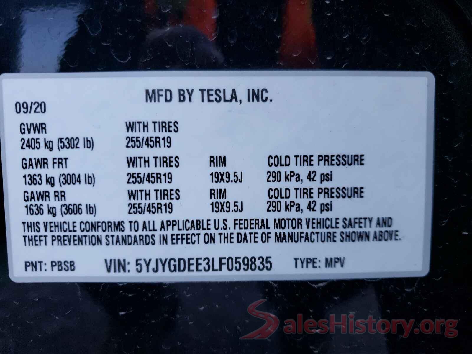 5YJYGDEE3LF059835 2020 TESLA MODEL Y