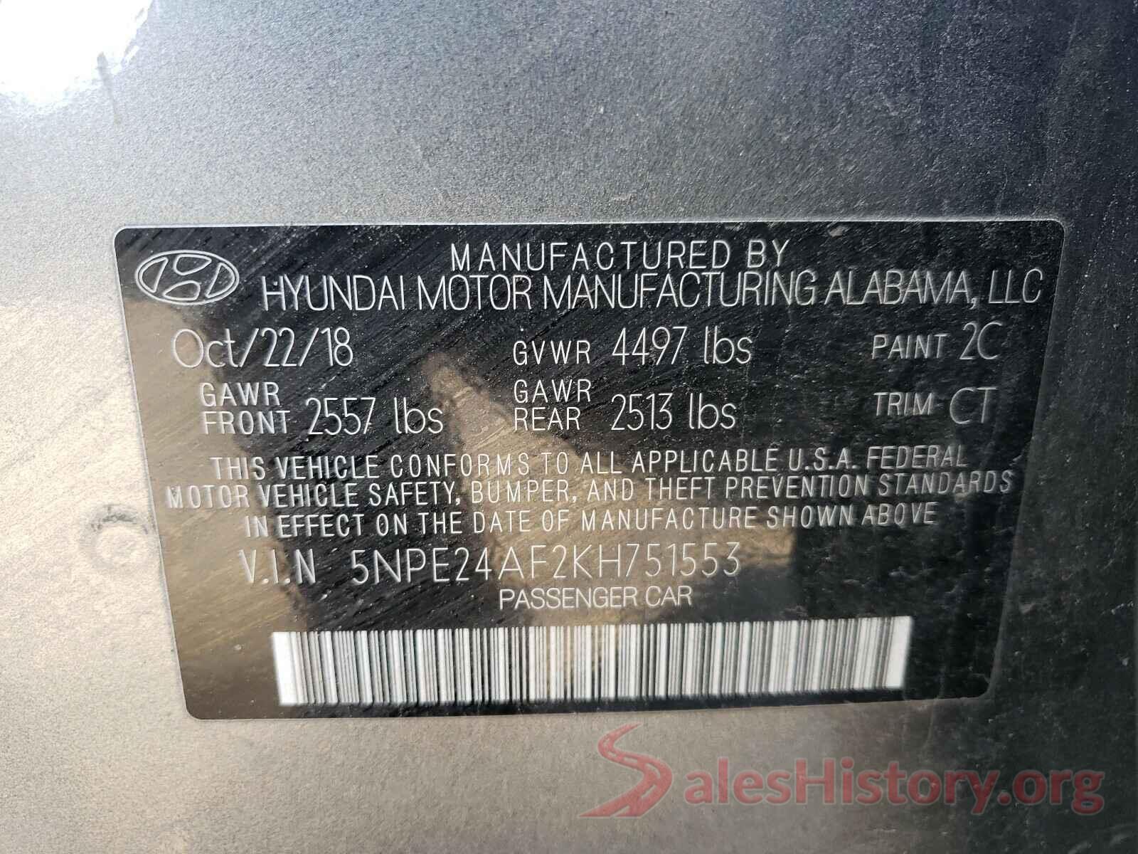 5NPE24AF2KH751553 2019 HYUNDAI SONATA