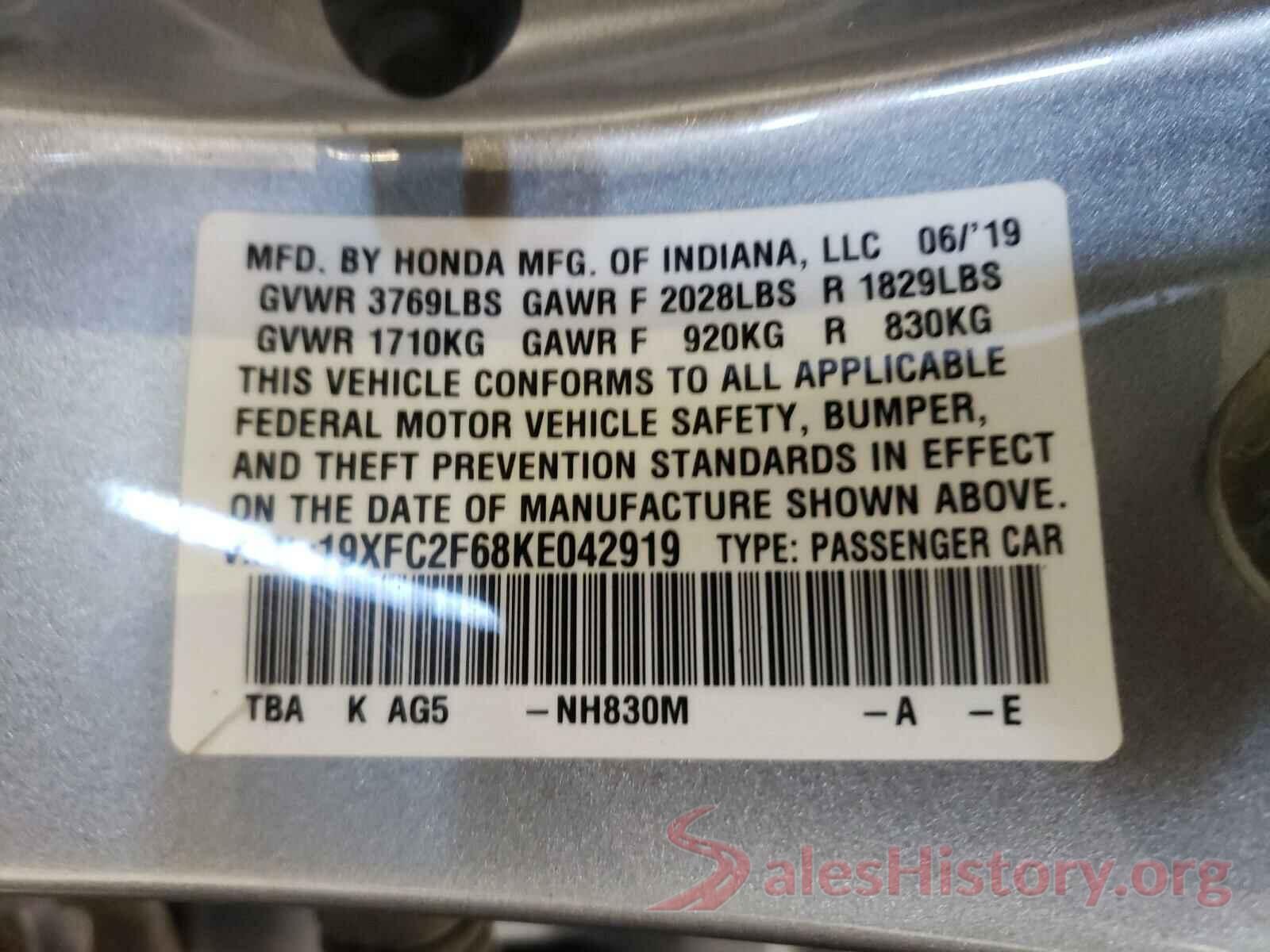 19XFC2F68KE042919 2019 HONDA CIVIC