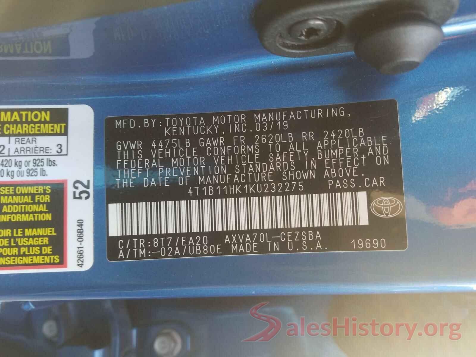 4T1B11HK1KU232275 2019 TOYOTA CAMRY