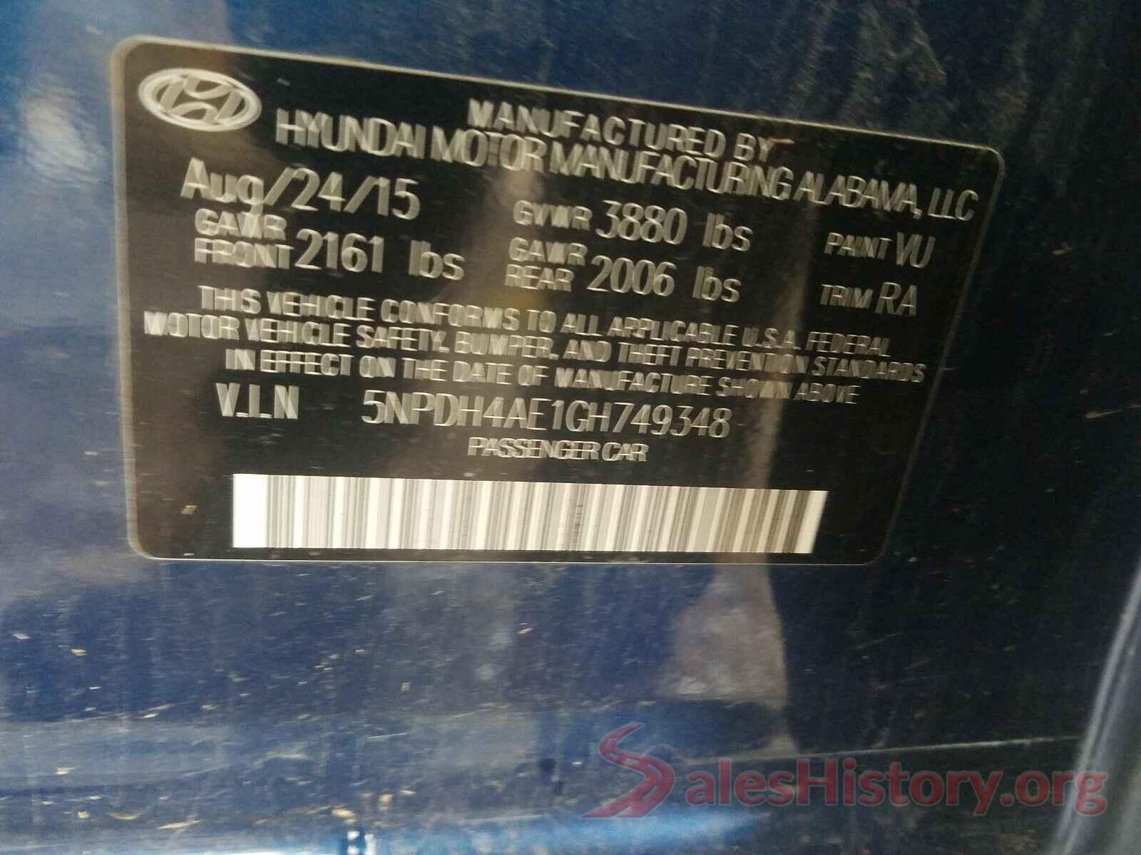 5NPDH4AE1GH749348 2016 HYUNDAI ELANTRA