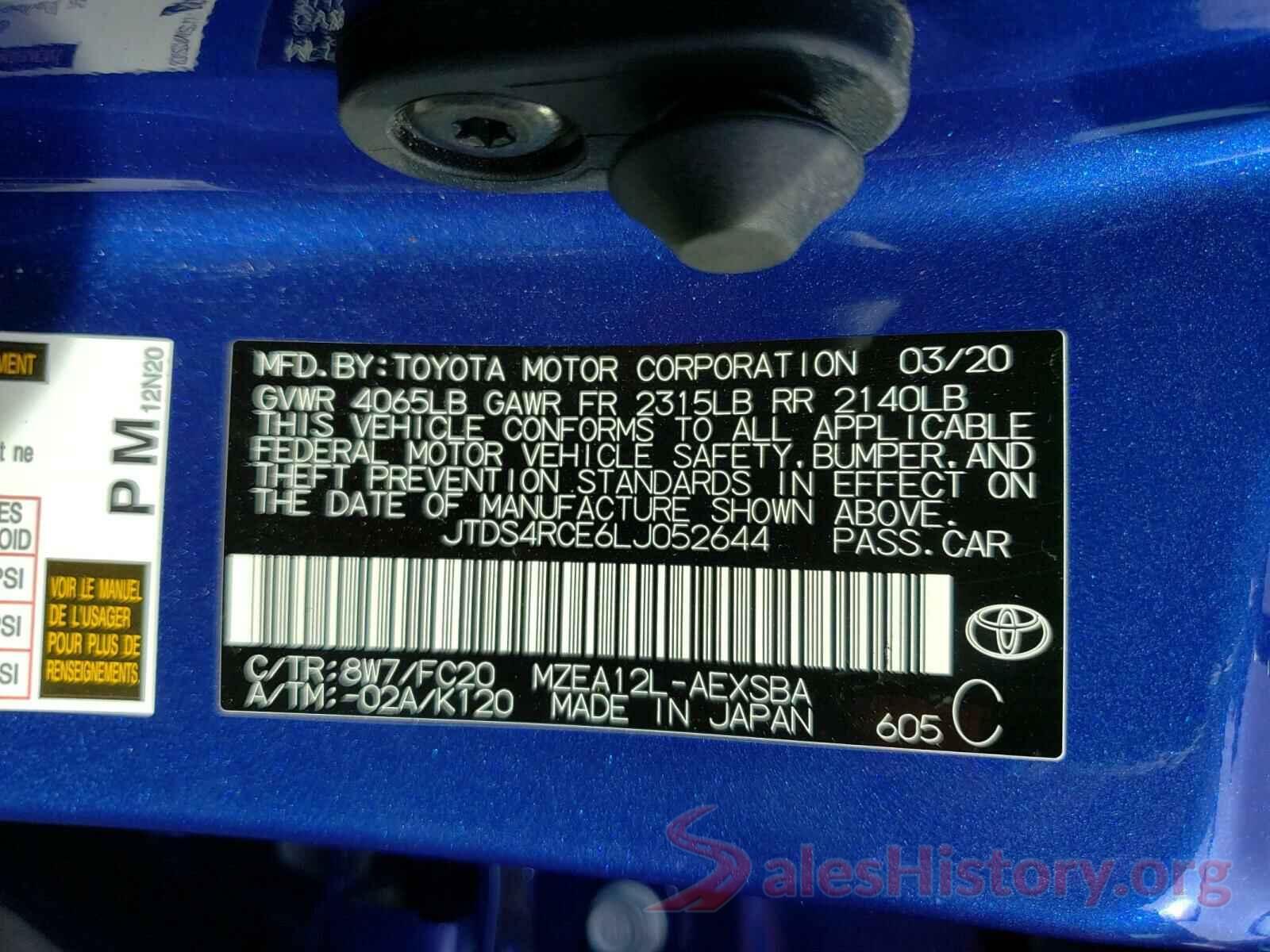 JTDS4RCE6LJ052644 2020 TOYOTA COROLLA